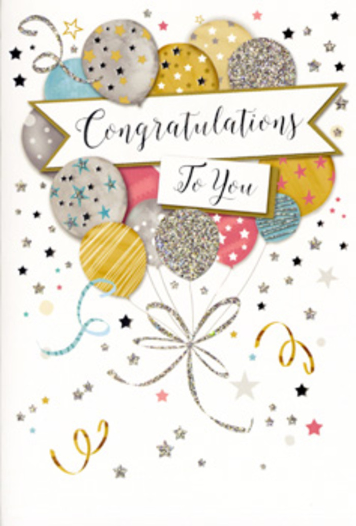 In this detailed illustration of a congratulations card, the design evokes the feeling of stepping into a quiet but radiant celebration somewhere off Bow's busy streets, perhaps after a joyful gathering near the Regent's Canal. The central focus is a lush bouquet of balloons, arranged almost like a hand-tied floral display with careful layering and thoughtful colour balance. Rounded balloons in soft gold, polished silver, champagne beige, pastel blue, blush pink, and cloud grey overlap one another, with their edges subtly shaded to give a gentle three-dimensional effect, as though they are softly pressing together in mid-air. Each balloon carries its own delicate decoration-tiny metallic stars, slender stripes, or sprinkled glitter-creating a sense of texture you can almost feel beneath your fingertips, like the contrast between satin ribbon and tissue wrap around a bouquet. From the base of this balloon cluster, slender gold and silver ribbons twist and fall in elegant curves, crossing like the narrow lanes around Roman Road, giving the composition movement and direction. A refined banner flows across the middle, slightly curved as if gently lifted by the balloons, displaying Congratulations To You in flowing calligraphy that feels timeless and sincere rather than overly ornate. Around this central display, the pale background is scattered with miniature stars, dots, and swirling confetti motifs in metallic inks, adding a subtle sparkle reminiscent of late-afternoon sun catching on shopfronts along Bow Road. The overall impression is one of graceful celebration-light, airy, and optimistic-perfect for tucking beside a bouquet when acknowledging a new job, exam success, or any proud milestone worth remembering.