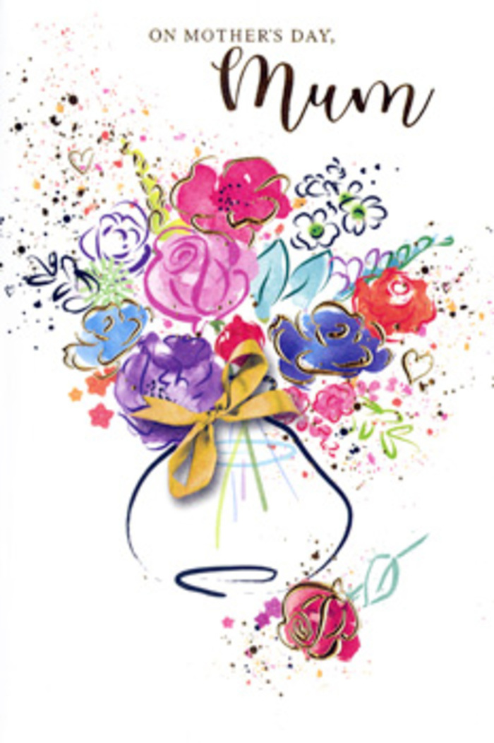 In this expressive Mother's Day card, a watercolour bouquet erupts from a rounded vase with the carefree energy of flowers freshly gathered from a Bow riverside walk. Bold cerise blossoms, brushed in generous, velvety strokes, are framed by confident indigo lines that loosely define their petals, giving them a sense of movement and depth without strict realism. Around these central blooms, patches of soft lavender, cool blue, and gentle apricot blend and overlap, like colours running together slightly on wet paper, creating the impression of layered blossoms and foliage. Here and there, hints of lively chartreuse peek through, suggesting leaves catching the light. Fine accents of metallic gold trace the contours of petals and drift outward into whimsical splatters and small heart shapes, as if golden pollen or confetti is floating around the bouquet. These shimmering details lend the piece a celebratory feel, echoing the sparkle of sunlight over nearby Mile End Park on a bright spring day. The vase, simple and slightly tapered, is painted in calm, translucent washes that allow the bouquet's vivid colours to dominate, and it is subtly encircled by golden touches reminiscent of a ribbon tied with care by an experienced local florist. Against the clean white background, every colour and stroke stands out clearly, giving the artwork a fresh, airy mood. The entire composition feels like a visual thank-you note: thoughtful, affectionate, and created with the same care a Bow family might put into choosing just the right flowers to honour a much-loved mum.
