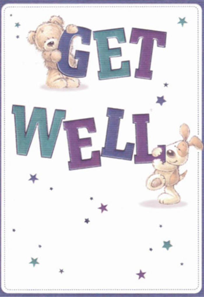 This get well card radiates gentle reassurance, its scene thoughtfully composed with the same care seen in Bow's local flower shops. A lovable teddy bear, rendered in soft, golden strokes, rests gently atop oversized, lively 'GET' letters, while a floppy-eared, mischievous puppy snuggles against the robust 'WELL'. The powerful typography boasts deep lilac and teal, hues that mirror the vibrancy of blooms found in Bow's Saturday flower market stalls. Scattered around, a constellation of tiny blue and purple stars floats across a creamy backdrop-each shimmering detail a subtle echo of the hope and enchantment that new flowers bring to homes near Grove Hall Park. You can almost feel the plush texture of the bear's fur and the velvety warmth of the pup's ears; such tactile illustrations evoke the comfort offered through a thoughtfully arranged hand-tied bouquet. The scene feels both grounded and buoyant-a blend of encouragement and playfulness designed to uplift anyone in recovery. Sent along with a fresh arrangement from Bow Flowers, this card brings a sensory reminder of care; it's a visual embrace for loved ones throughout Bow, carrying wishes for brighter days.