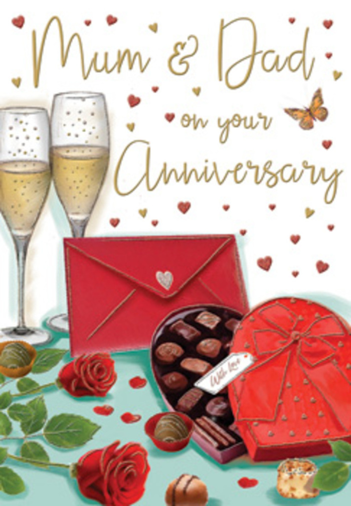 Detailed anniversary card artwork evoking an elegant celebration at home in Bow, created as a rich still life honouring Mum & Dad. At the heart of the illustration, two tall, slim champagne flutes stand almost touching, filled with pale golden champagne, tiny bubbles caught mid-rise like a snapshot of a toast about to happen. The glasses reflect a soft, ambient light, reminiscent of candles on a dining table overlooking Bow's quiet residential streets. In front of them, a heart-shaped box of chocolates lies open, its interior neatly lined with dark and milk chocolate pieces, each truffle resting in its own little space. The lid, adorned with a dramatic red bow, leans at an angle, casting a gentle shadow that adds depth. A few individual chocolates are placed on the tabletop, as though they have been lovingly chosen to share. To one side, two plush red roses, freshly cut, stretch across a spray of glossy green leaves, their petals layered and velvety, just as a florist from Bow Flowers might arrange them for a same-day anniversary delivery. Their imagined perfume adds a tender note to the scene. A vivid scarlet envelope sits nearby, sealed and angled toward the viewer, hinting at a handwritten message capturing years of shared memories. Surrounding this intimate arrangement, tiny gold and crimson hearts drift across the card, accenting hand-lettered wishes for devoted parents. The overall composition glows with warm reds, deep greens, and soft golds, conjuring the feeling of a thoughtfully prepared celebration, the kind that brings family together around the table in a Bow home filled with love and stories.