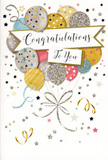 The image shows an elegant congratulations card that feels as festive as a surprise celebration in a cosy Bow townhouse, yet as refined as a carefully chosen bouquet. A luxuriant cluster of balloons occupies most of the design, arranged in a loose, rounded shape that rises from the lower edge of the card as if freed into the air. The balloons are painted in a sophisticated mix of tones-muted gold, soft champagne, frosted silver, powder blue, blush pink, and gentle grey-each one subtly shaded and edged with highlights that suggest a soft, even light falling across the card, like a calm afternoon glow through a Bow living-room window. Delicate star patterns, fine stripes, and tiny glittered accents decorate the surfaces, giving them an almost tactile finish. From the base of the cluster, fine metallic ribbons unfurl and curl downward, overlapping in graceful arcs of gold and silver, mimicking the flowing tails of bouquet ribbon we tie for local deliveries around Bow and Mile End. A graceful banner, slightly arched and positioned near the centre, carries the words Congratulations To You in elegant, looping script, anchoring the composition and directing the eye. All around, scattered stars, tiny shimmering dots, and swirling confetti motifs float against a pale, uncluttered background, suggesting the gentle drift of party confetti still hanging in the air after a cheer. The overall mood is light, joyful, and polished-a card made to accompany flowers when you want to express real pride and happiness for someone's achievement, without losing a sense of calm sophistication.