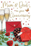 Romantic anniversary card scene illustrated as a lovingly arranged table display, ideal for celebrating Mum & Dad in Bow. The design centres on two sparkling champagne flutes, close together and filled with luminous golden bubbles that suggest a joyful toast about to be shared in a cosy East London dining room. Just in front, a heart-shaped box of chocolates rests open, revealing neat rows of truffles in rich tones of brown, as if freshly unwrapped after a walk through nearby Victoria Park. The lid, decorated with a bold scarlet bow, leans against the box, its ribbon trailing gracefully and adding a touch of luxury. To the side, two vivid red roses lie nestled on a bed of dark green foliage, their petals soft, layered, and full, like a carefully selected pair of stems from a trusted Bow florist. Their imagined fragrance blends with the suggestion of chocolate, conjuring warmth and indulgence. A bright red envelope, securely sealed with a small heart motif, sits at the edge of the arrangement, hinting at private words of gratitude and affection written for parents on their anniversary. All around, small crimson and gold hearts float across the background, framing the hand-lettered message and giving the card a playful, celebratory feel. The lighting appears gentle and inviting, allowing the reds, greens, and golds to glow softly together, capturing the spirit of a special evening in a Bow home where family, shared history, and enduring love are at the centre of the celebration.